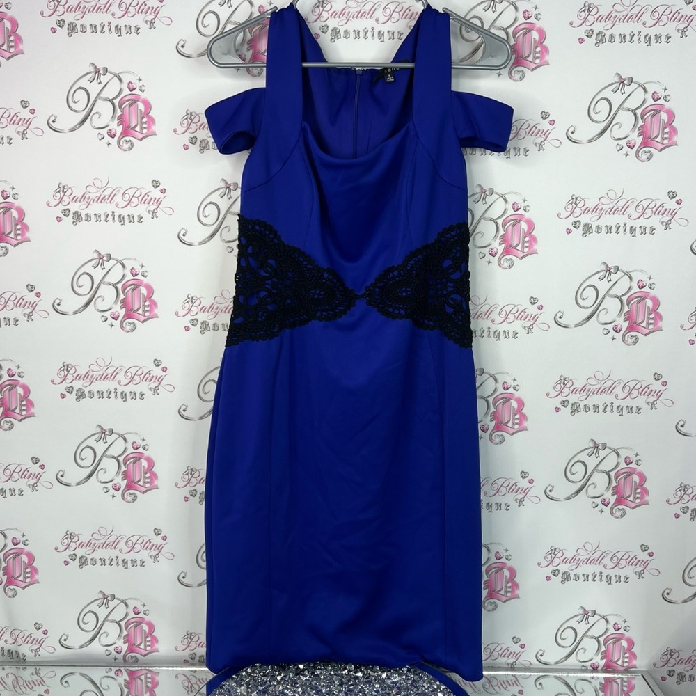 Signature by Sangria dress lace black detail Lacie Royal Blue Mini Dress